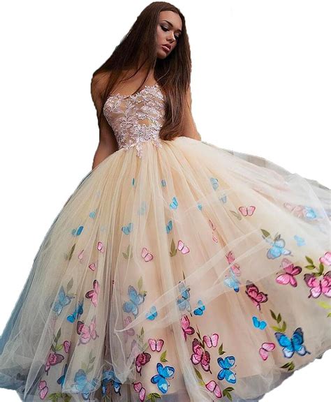 Strapless A Line Prom Evening Dresses With Butterfly Appliques