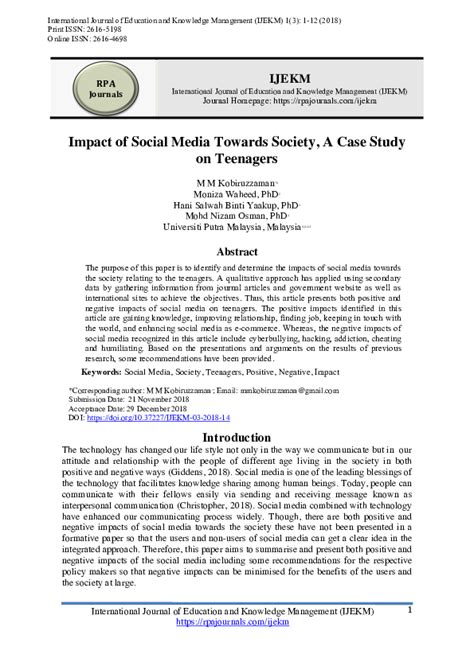 Pdf Impact Of Social Media Towards Society A Case Study On Teenagers