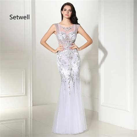 Setwell Elegant White Mermaid Evening Dresses 2017 Illusion Neckline