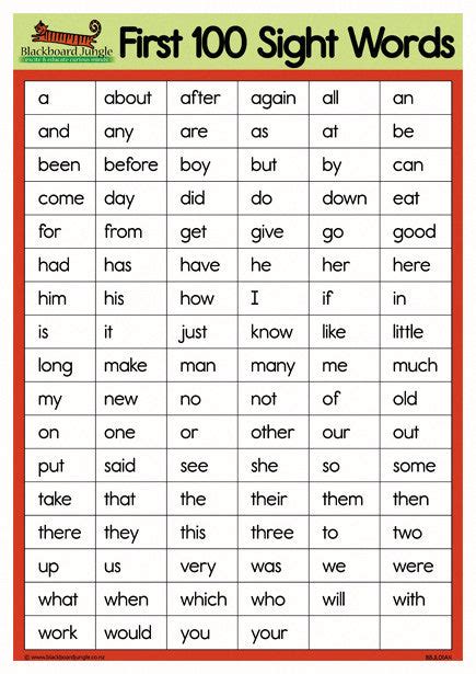 The First 100 Sight Word List Is Shown In This Black