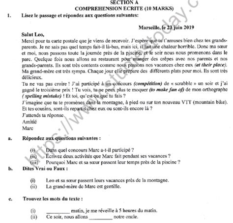 Cbse Class 9 French Question Paper Set G Solved