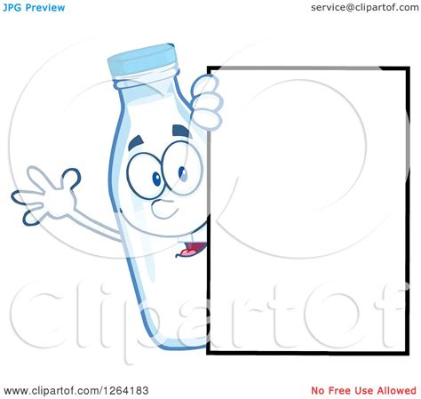 Clipart Of A Milk Bottle Character Waving Around A Blank Sign Royalty Free Vector Illustration