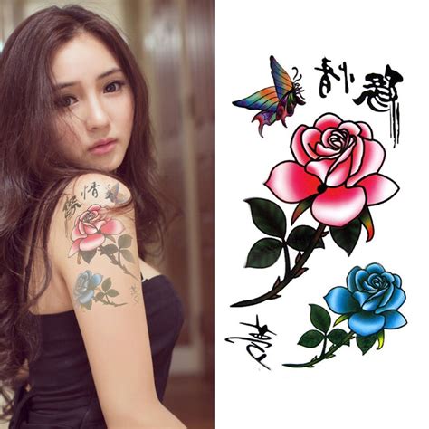Sexy Red And Blue Rose Waterproof Temporary Tattoo Stickers Beauty Body Art Fake Flower Tattoos