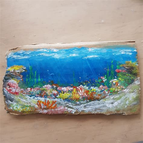 Watercolor coral reef composition with laminaria leaves. Coral reef, acrylics on cardboard : painting