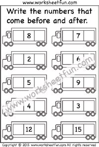 Before and After Numbers – 1-20 – Four Worksheets / FREE Printable