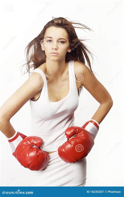 Young Attractive Woman Wearing Red Boxing Gloves Stock Image Image Of Attractive Active 16235207
