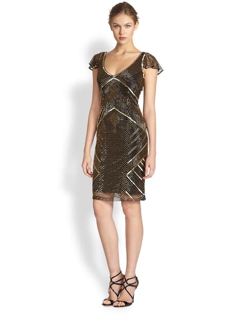 Theia Metallic Beaded Cocktail Dress In Gold Lyst