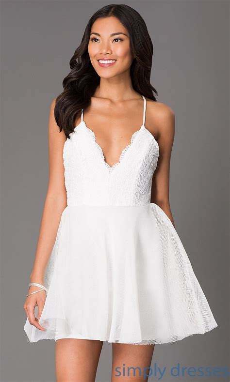 Short Fit And Flare Scalloped Lace V Neck Dress White Lace Dress