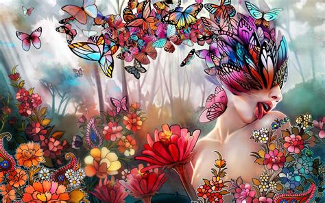 Fantasy Art Women Girl Butterfly Lips Face Psychedelic Nature