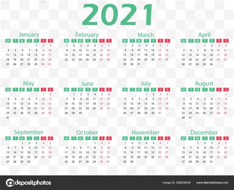 Ilustracion De Calendario 2021 La Semana Comienza El Lunes Plantilla De