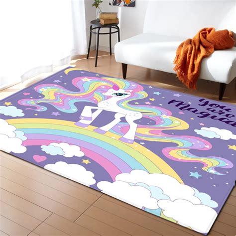 Cartoon Rainbow Unicorn Carpet Kids Room Area Rugs Soft Girls Bedroom