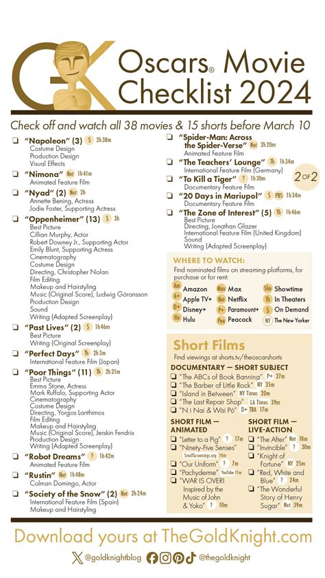 Oscars 2024 Download Our Printable Movie Checklist The Gold Knight
