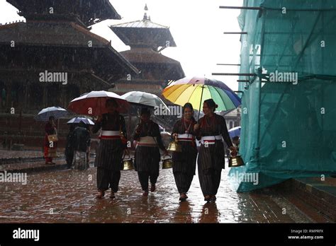Lalitpur Nepal 16th Feb 2019 Nepalese Women Dressed In Traditional Attires Carry Offerings