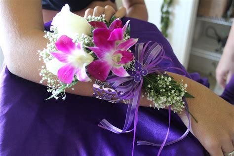 Wrist Corsage For Prom Two White Rose Three Orchids Purple Ribbons
