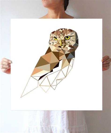 Large Owl Art Geometric Illustration Brown Color Triangles Print