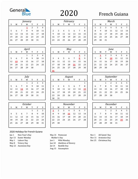 2020 French Guiana Calendar With Holidays