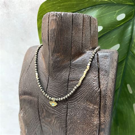 Pyrite Gold Dainty Choker Necklace With Evil Eye Protection Etsy