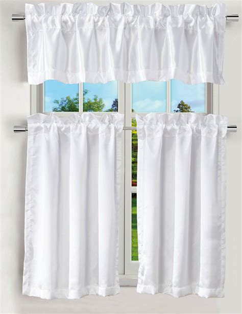 Luxury 3pc Kitchen Curtain White Satin Color Curtain Valance And Tiers