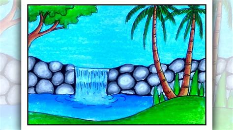 How To Draw Easy Scenery Waterfall Scenery Drawing Easy Youtube