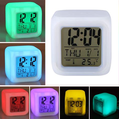 Digital Alarm Thermometer Night Glowing Cube 7 Colors Clock Led Change