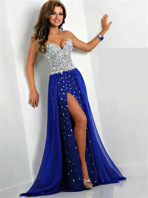 2015 New Gorgeous A Line Dark Royal Blue Prom Dresses Long Sweetheart Chiffon Party Evening