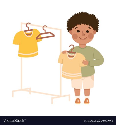 Cute Boy Hanging Clothes On Hangers In Closet Kid Vector Image