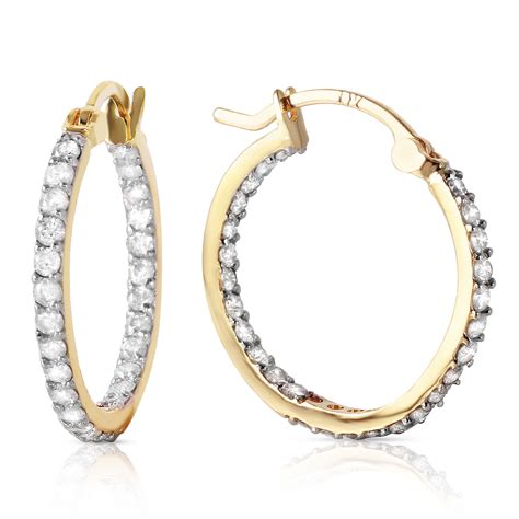 075 Ctw 14k Solid Gold Hoop Earrings Natural Diamond Ebay