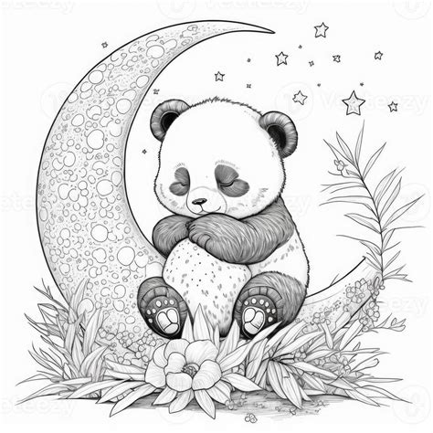Cute Baby Panda Sitting On A Half Moon Black And White Generative Ai