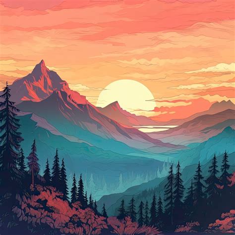Premium Ai Image Artistic Drawing Of Mountains And Trees Sunrise