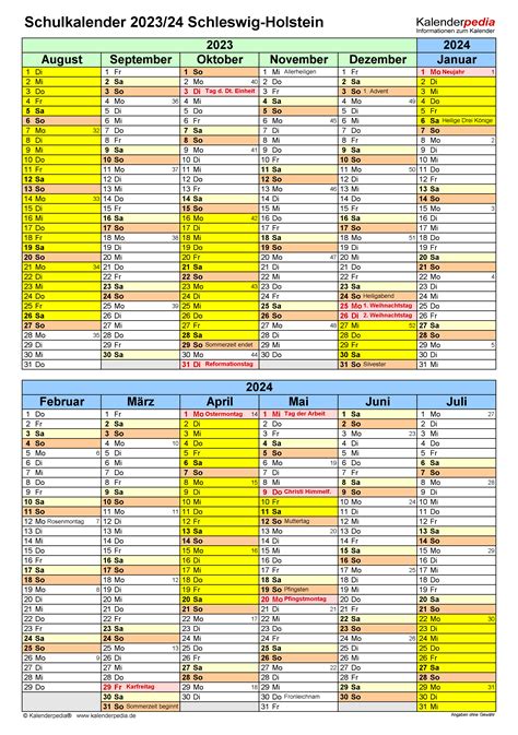 Schulkalender 2023 2024 Schleswig Holstein F 252 R Excel