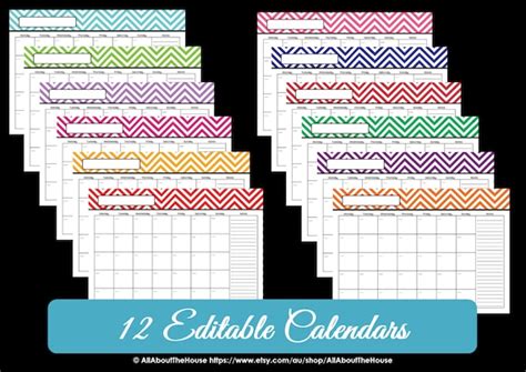 Editable 12 Monthly Calendar Printable Chevron Pattern Use For 2022