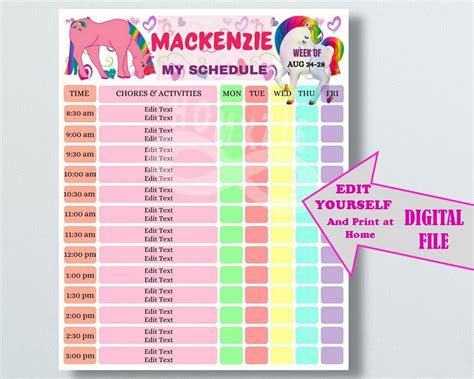 Editable Home School Activity Chart Unicorn Chore Chart Etsy
