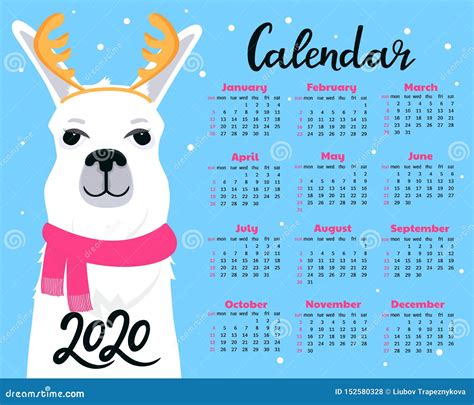 Calendar For 2020 From Sunday To Saturday Cute Llama In Scarf With