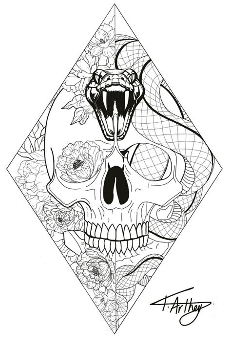 The best white tattoo ink makes portraits pop. Diamond / tattoo / design / black and white / fine line / snake / flowers / skull / peonies ...