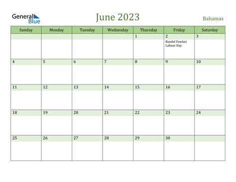 Bahamas June 2023 Calendar With Holidays