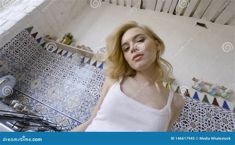 Relaxed Blonde Posing On Kitchen In Morning Action Stock Image Image Of Body Home 146617945