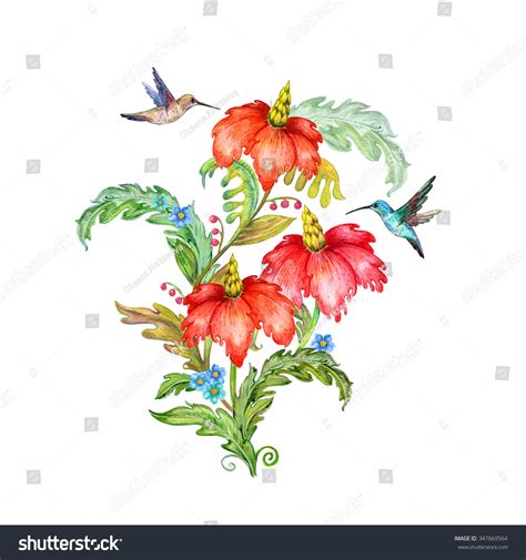 Fancy Flowers And Birds For Your Design Watercolor