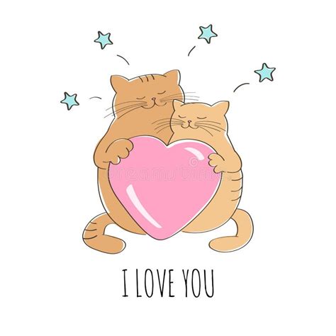 Cute Cats In Love With A Big Pink Heart Stock Vector Illustration Of