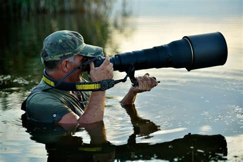 Wildlife Photographer Outdoor Standing In The Water Stock Image