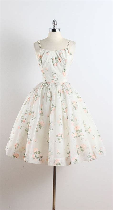 Strewn Roses Vintage 1950s Dress White Chiffon Acetate Lining