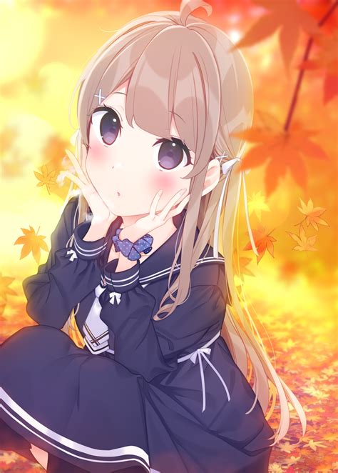 Safebooru 1girl Ahoge Autumn Leaves Bangs Black Dress Black Legwear Black Sailor Collar Blue