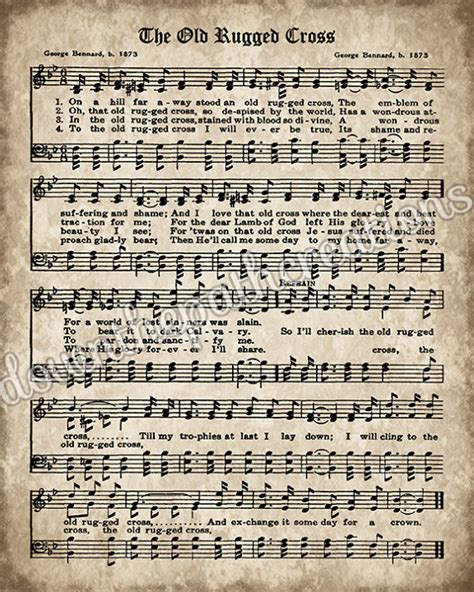 The Old Rugged Cross Print Printable Vintage Sheet Music Instant Download Aged Antique Hymn