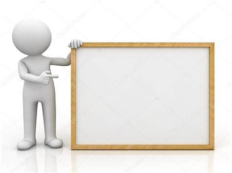 3d Man Holding Blank Board And Pointing Finger At It Stock Photo By