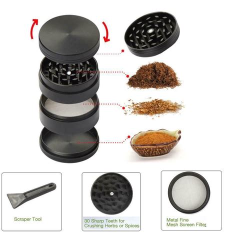 4 piece magnetic 2 5 inch black tobacco herb grinder spice aluminum with scoop ebay