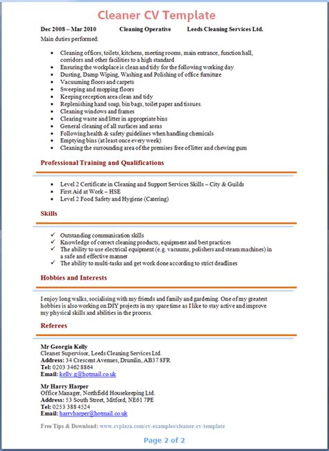 What should i write in my cv and my cover letter? Sample resume for cleaning lady