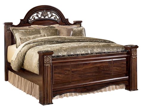 Deep dark red finish with replicated mahogany grain. Gabriela King Poster Bed