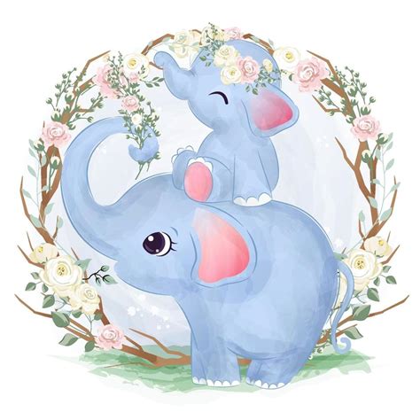 Lindo Mamá Y Bebé Elefante En Acuarela Ilustración 2748296