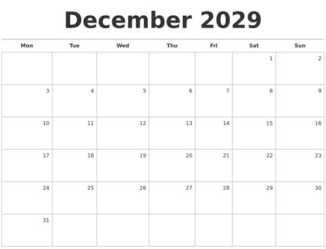 December 2029 Blank Monthly Calendar