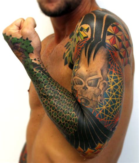 Geometric Colorful Sleeve Tattoo In Progress