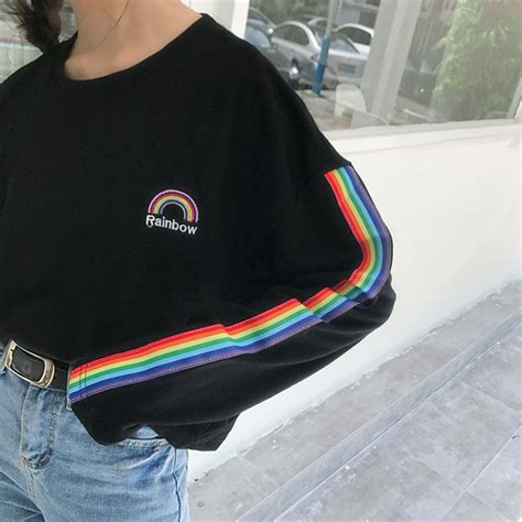 Itgirl Shop Aesthetic Clothing Rainbow Stripe Long Sleeve O Neck